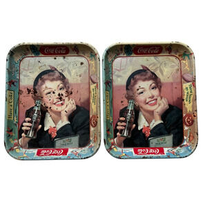 Set of 2 Vintage Coca Cola Metal Trays Have a Coke Waitress Rustic Patina Decor